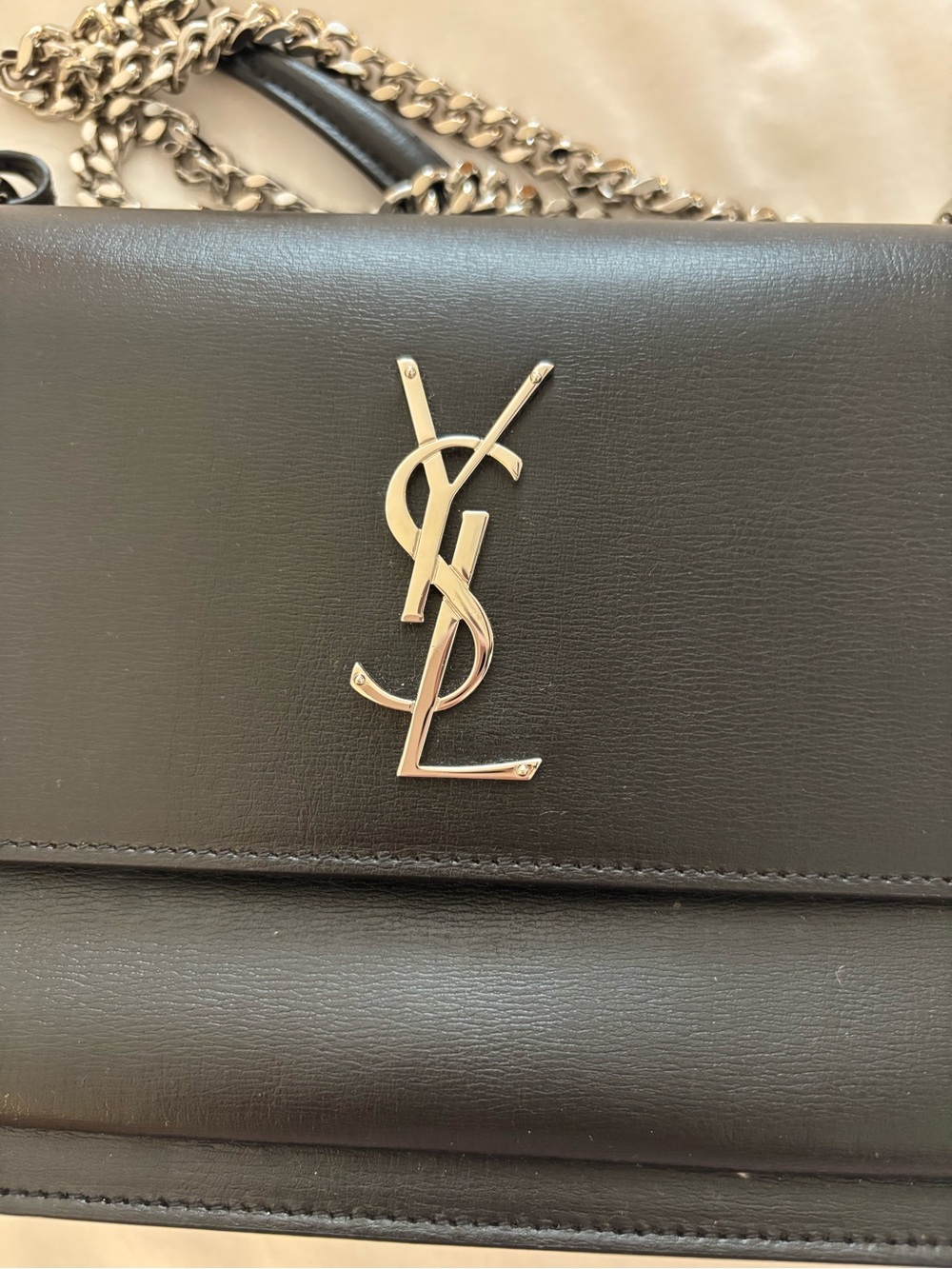 Saint Laurent Black Leather Shoulder Bag with Silver YSL Chain - Picture 9 of 12